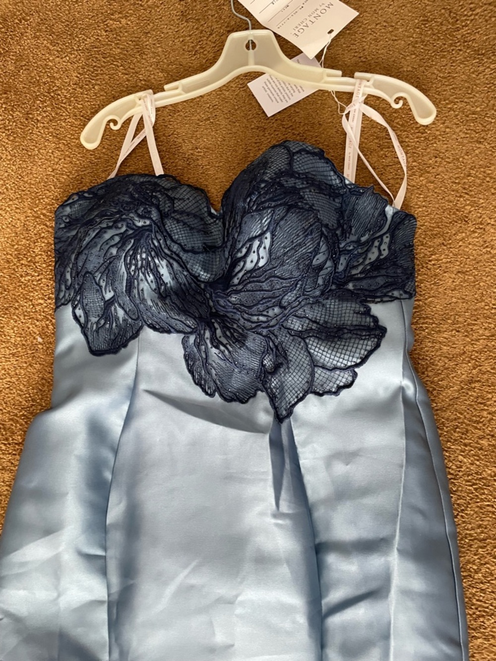 Mon Cheri Light Blue Satin Chemise with Navy Floral Lace(never worn) - Picture 3 of 10